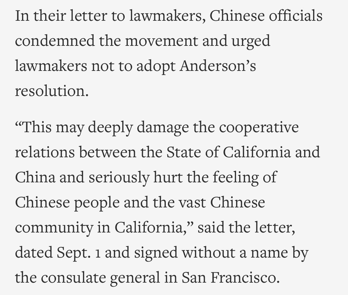 And here’s a story from 2017 about how the CA state senate shelved a resolution condemning the CCP’s persecution of Falun Gong after the SF Chinese consulate sent a letter to CA lawmakers with threats that it would damage relations between CA and China.  https://apnews.com/756cce5721d246a2af452fc49fab14c6