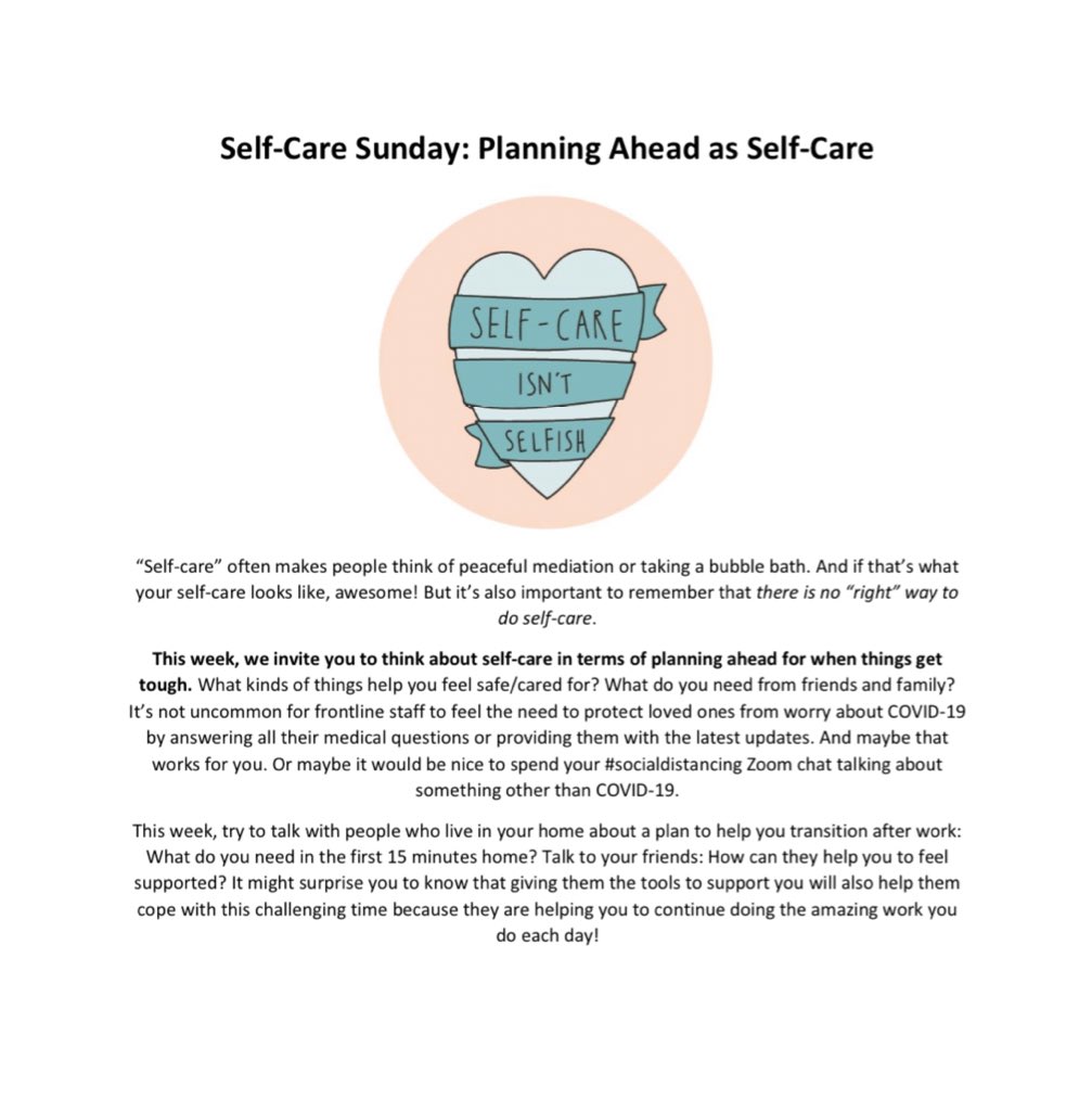JennaCThomas's tweet photo. As frontline staff, we are facing ongoing stressors and daily uncertainty. Each week we will be presenting a new #SelfCareSunday tip from the Alberta Children’s Hospital Psychology team to promote #resilience. This week: Planning Ahead as Self-Care. #COVID19 https://t.co/Uu2dmQ0Zfm