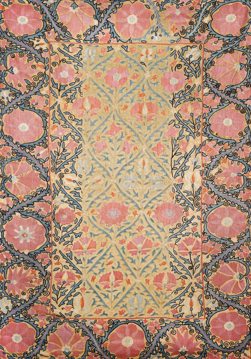 A Bokhara "nim-susani", worked in polychrome silks on linen. Late 19th century.