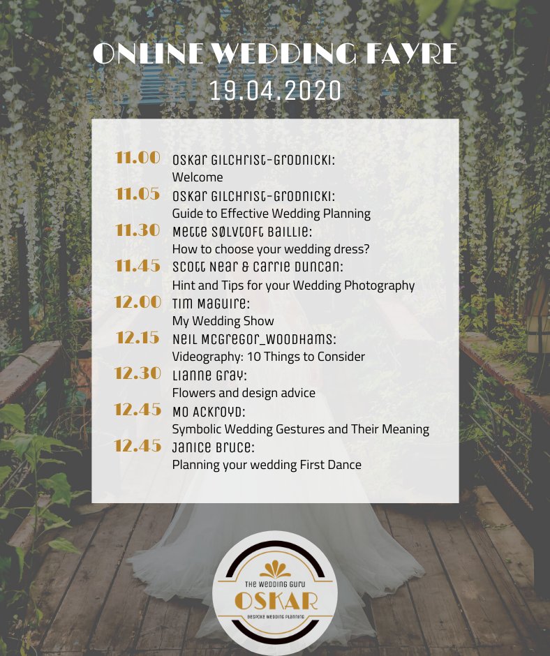 Super excited to welcome you to this online wedding fayre. A series of 10-15 minute live sessions by top wedding industry suppliers. 
Join in and invite others to this live fayre. Sunday 19th April from 11am
#onlineweddingevent #weddingexperts #weddingplanning