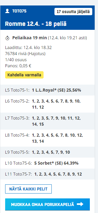 ESBC_Vuoksenmaa's tweet photo. Taustavoimat luottavat paljon avauskohteen #LLroyal'iin - minä vielä enemmän. Jopa 40% oma todennäköisyysarvioni nyt, kun kakkossuosikki #DonFanucciZet lämmitti kyseenalaisesti. Tämä kärsii paljon lähtöpaikasta. Joten en harmittele, vaikka 60% varmuudella putoamme heti.
#Ravit https://t.co/4tyYr4MtsQ