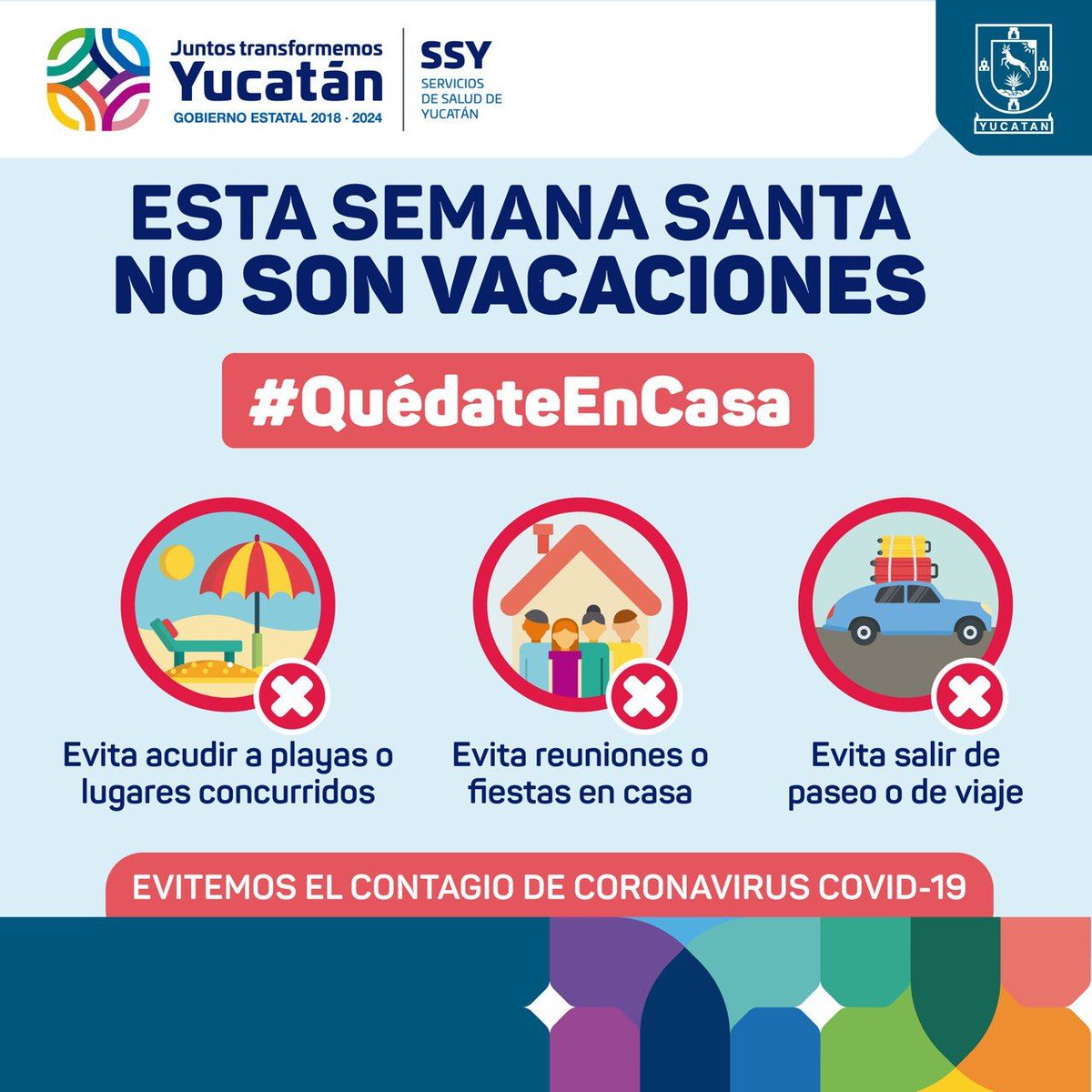 GobYucatan's tweet photo. ⚠️¡Esta Semana Santa no son vacaciones!⚠️
Es importante no salir a espacios públicos para disminuir las probabilidades de contagiarse de Coronavirus, evitando que los hospitales se saturen y las personas enfermas puedan recibir atención médica de manera oportuna. #QuedateEnCasa https://t.co/NAkBh0Jzqz