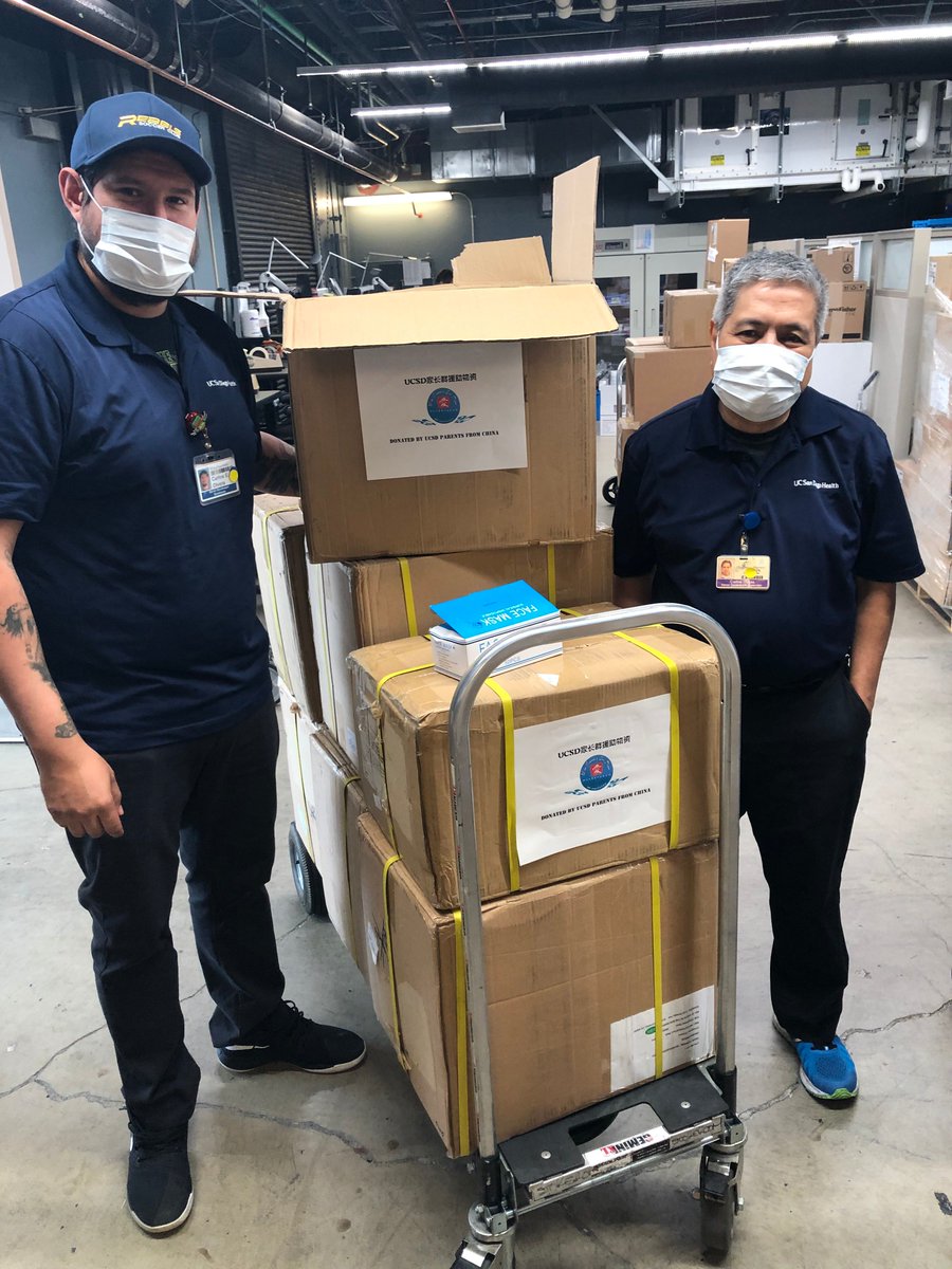 UCSanDiego's tweet photo. A group of UC San Diego parents from China sent more than 20,000 masks, thousands of protective face shields, and full body suits to @UCSDHealth. We thank them for their generosity during these difficult times. #UCSDCares💙

Learn about how you can help: https://t.co/AWGeP49d4l https://t.co/eS4fuvrGf6