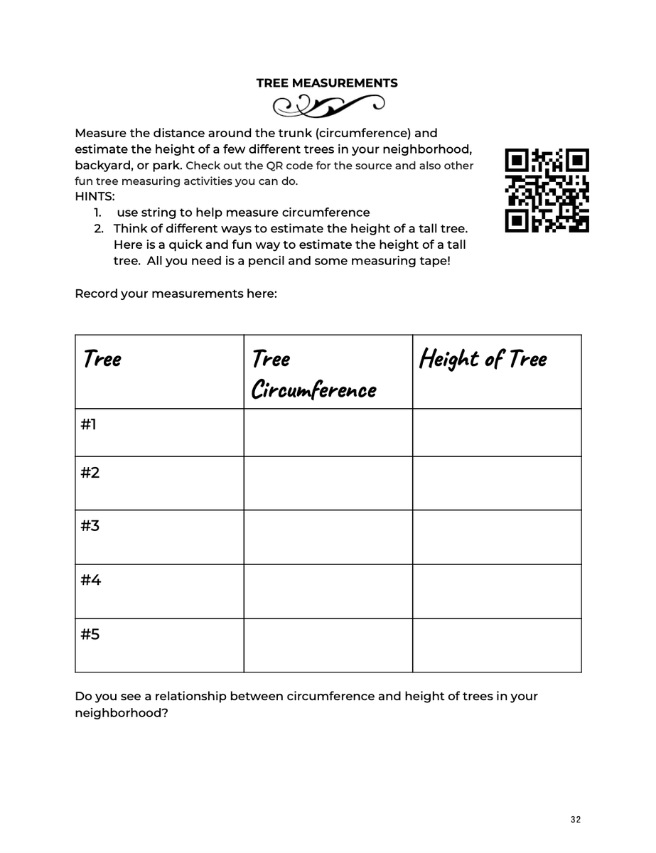 GirlsDoSTEAM's tweet photo. Tree Measurements - Measure the distance around the trunk and estimate the height of trees in your neighborhood or backyard. Visit https://t.co/y56H7grKW8 to order your journal now! All funds go toward funding STEAM programs in underrepresented schools. #steam #nature  #trees https://t.co/4e5OKTICej