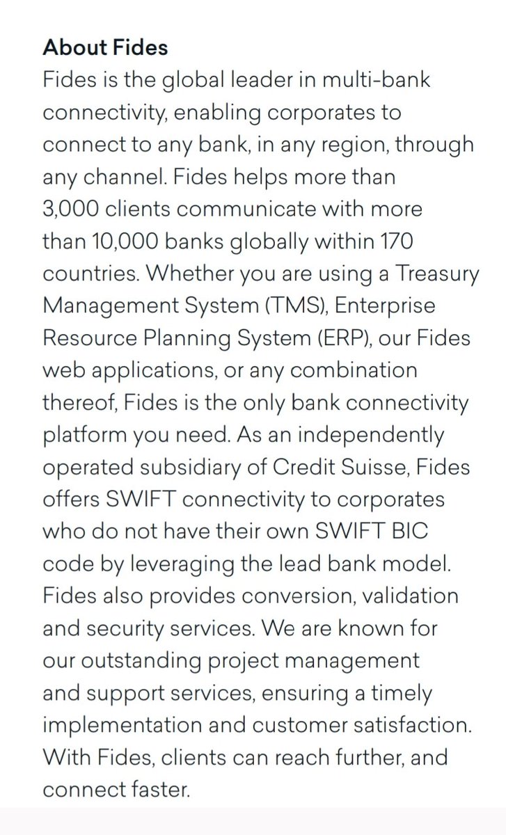 Forgot this :Who is Fides Treasury Service?:- Credit Suisse- 10,000 banks- 170 countries
