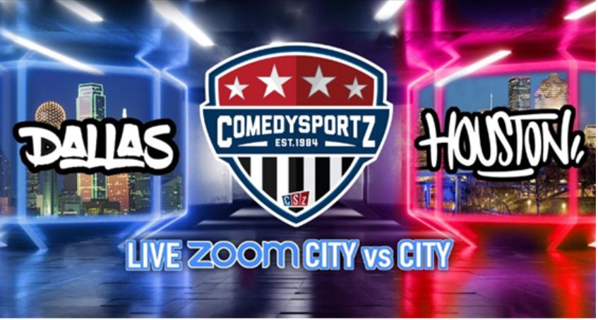 CSzDallas's tweet photo. It's ComedySportz Dallas vs ComedySportz Houston in this virtual comedy show on Friday, April 17 at 7 pm. Join us on Zoom and cheer for your favorite city! https://t.co/FRrpOHej0t https://t.co/EgbjSlWzBY