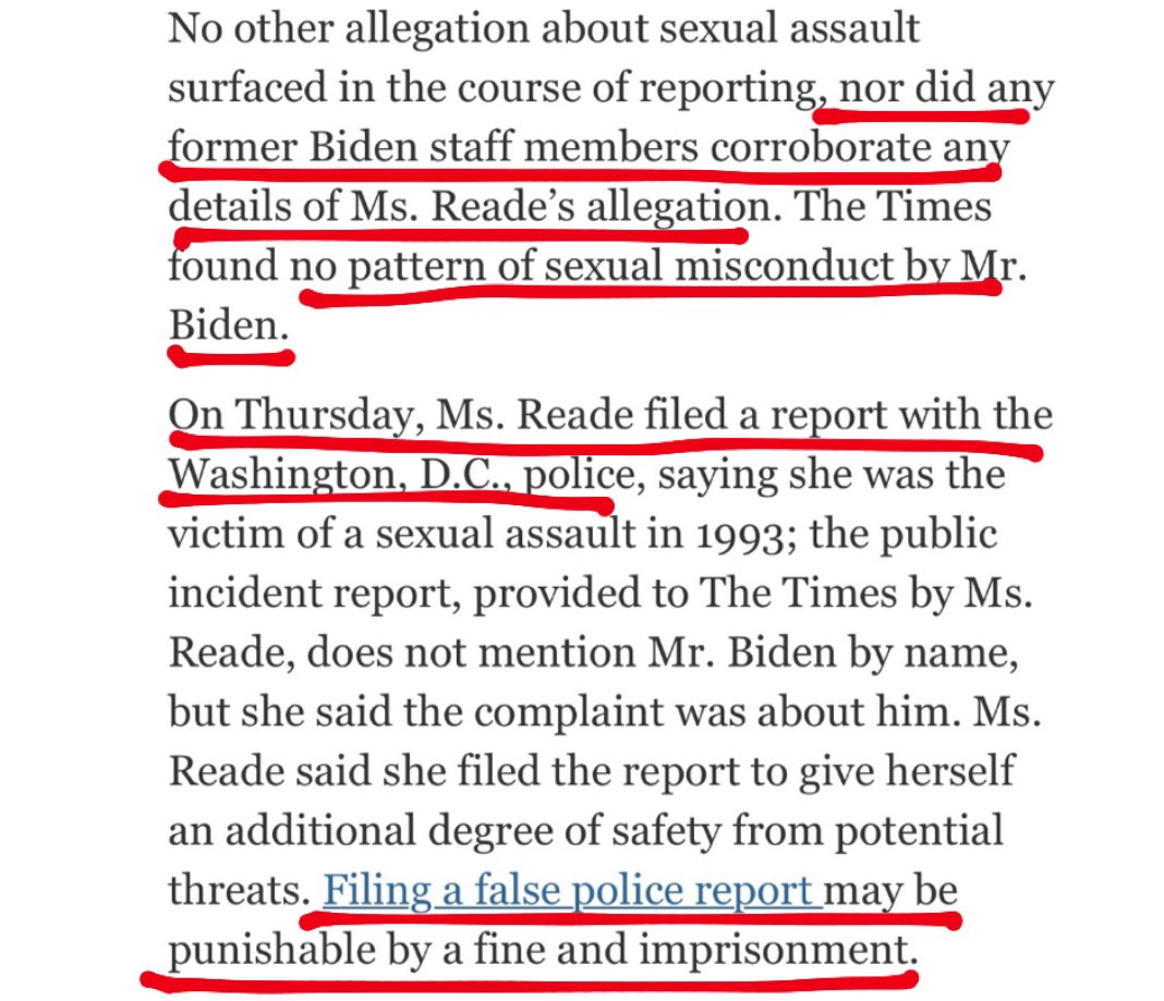 This is now the 8th in this thread— since I wasn’t going to add it— but the most egregious part of this NYT piece is upfront they lie that corroboration isn’t found— when their own piece notes otherwise; and imply Reade can be imprisoned for a “false police report” 