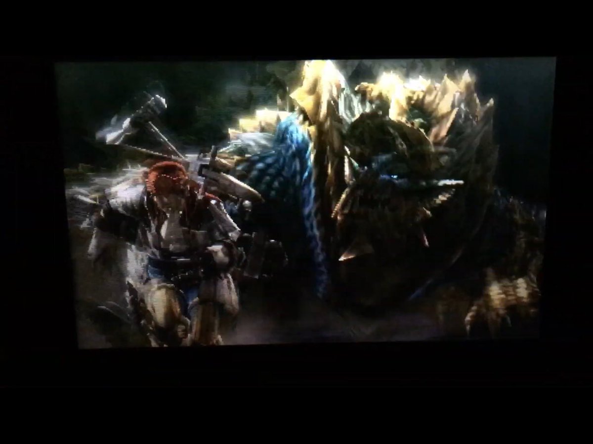Zinogre proceeds to ambush you and chase you under a ledge, where he sticks his head in to bite at you and a paw to claw at you.Eventually he gives up and leaves. You roll out from under the ledge.Big mistake.