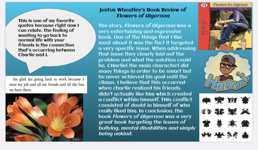 Ela8Nard's tweet photo. 2/2 @RMS_Pride ELA8 #distancelearning Make story reviews that are insightful and thoughtful using technology as a culminating activity to our “Flowers for Algernon” unit. #woreads #wowrites #proudteacher @lizveneziano @woschools @tyniathomassie https://t.co/zox7NTh8wt