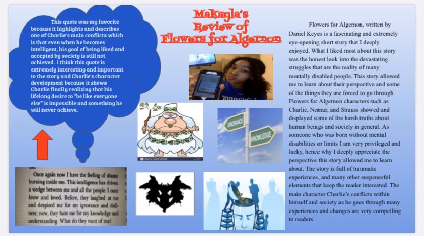 Ela8Nard's tweet photo. 2/2 @RMS_Pride ELA8 #distancelearning Make story reviews that are insightful and thoughtful using technology as a culminating activity to our “Flowers for Algernon” unit. #woreads #wowrites #proudteacher @lizveneziano @woschools @tyniathomassie https://t.co/zox7NTh8wt