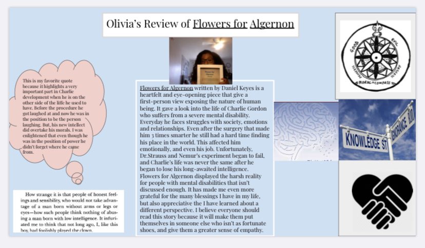 Ela8Nard's tweet photo. @RMS_Pride ELA8 #distancelearning Make story reviews that are insightful and thoughtful using technology as a culminating activity to our “Flowers for Algernon” unit. #woreads #wowrites #proudteacher @lizveneziano @woschools @tyniathomassie https://t.co/caung3sB6T