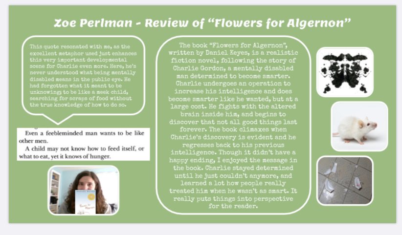 Ela8Nard's tweet photo. @RMS_Pride ELA8 #distancelearning Make story reviews that are insightful and thoughtful using technology as a culminating activity to our “Flowers for Algernon” unit. #woreads #wowrites #proudteacher @lizveneziano @woschools @tyniathomassie https://t.co/caung3sB6T