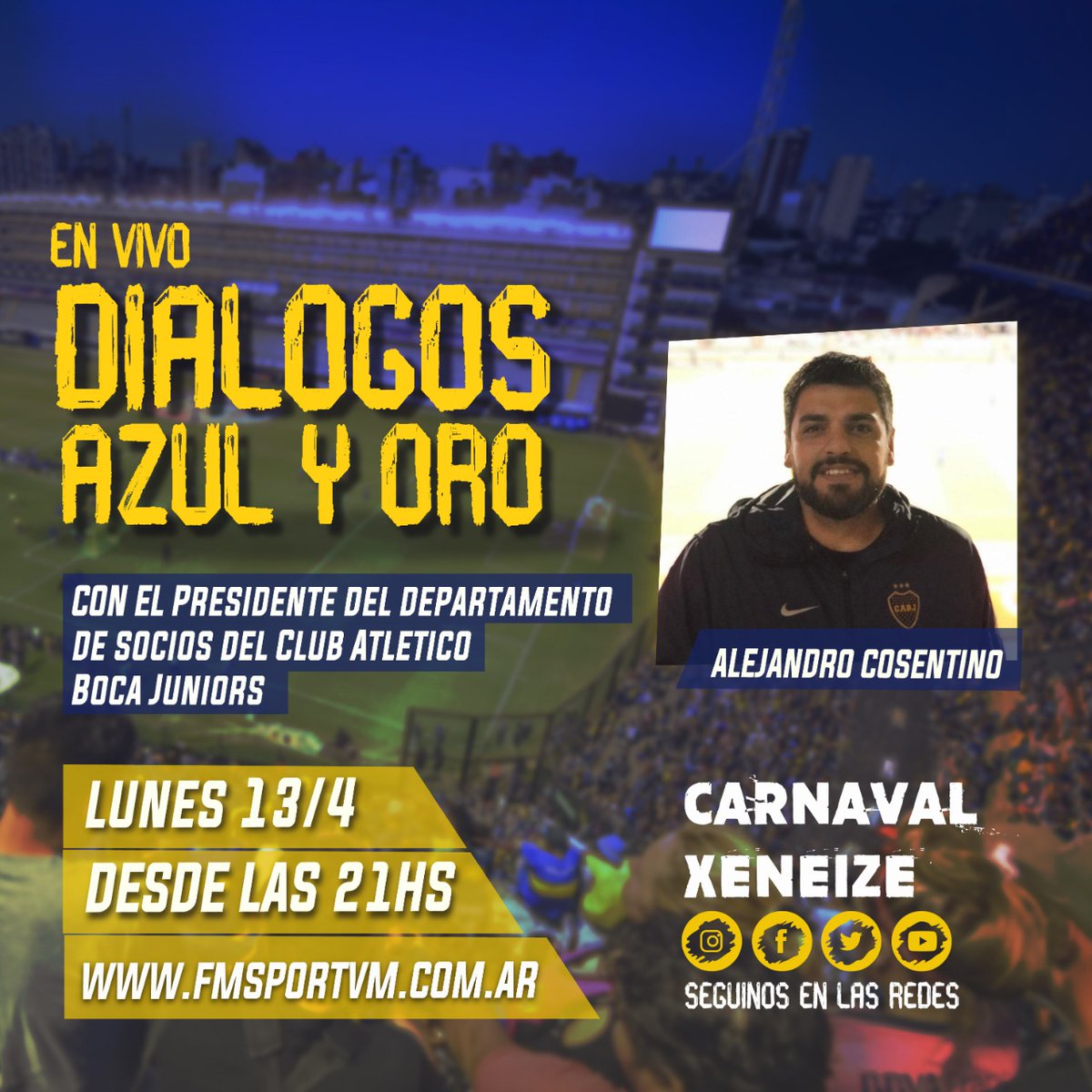 carnavalxeneiz2's tweet photo. Este lunes 21 horas en @carnavalxeneiz2 Dialogos Azul y Oro con el presidente del departamento de socios de BOCA @ChichoCosentino .Además toda la actualidad bostera, con juegos y la voz del hincha. Sintoniza  https://t.co/t1kBytLuSg #bocajunios 💙💛💙 https://t.co/FNWXHs4xza