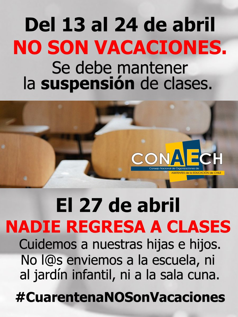 aaeeconaech's tweet photo. El ministro de educación debe desistir de adelantar las vacaciones y continuar con la suspensión de clases y solo retomar una vez levantada la emergencia sanitaria. https://t.co/KPysvQzUZc
