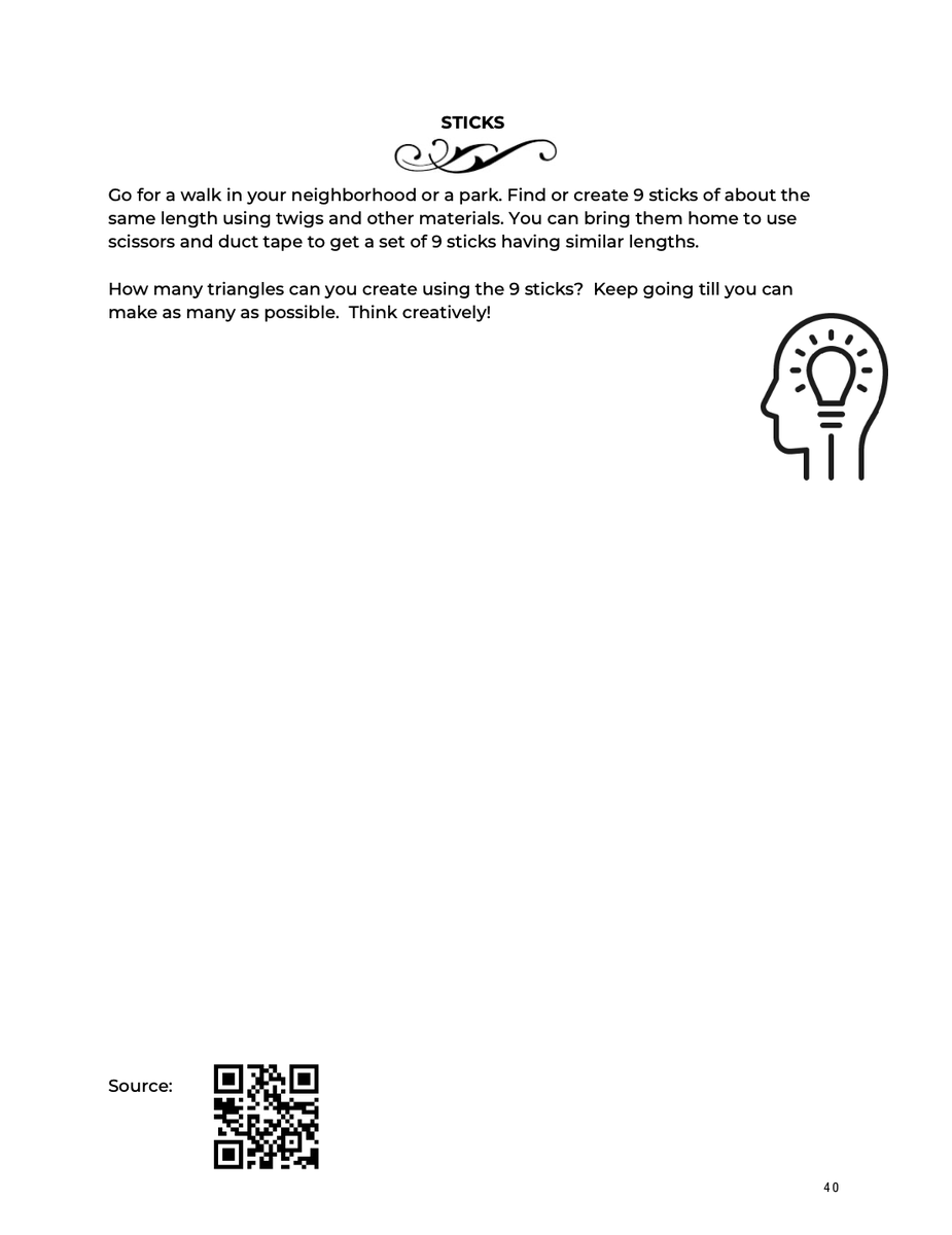 GirlsDoSTEAM's tweet photo. Sticks - Go for a walk in your neighborhood. Find 9 sticks to see how many triangles you can create using the 9 sticks. Visit https://t.co/y56H7grKW8 to order your copy now! All funds go toward funding STEAM programs in underrepresented schools. #steam #nature  #sticks #triangles https://t.co/p5RVHTmMJX