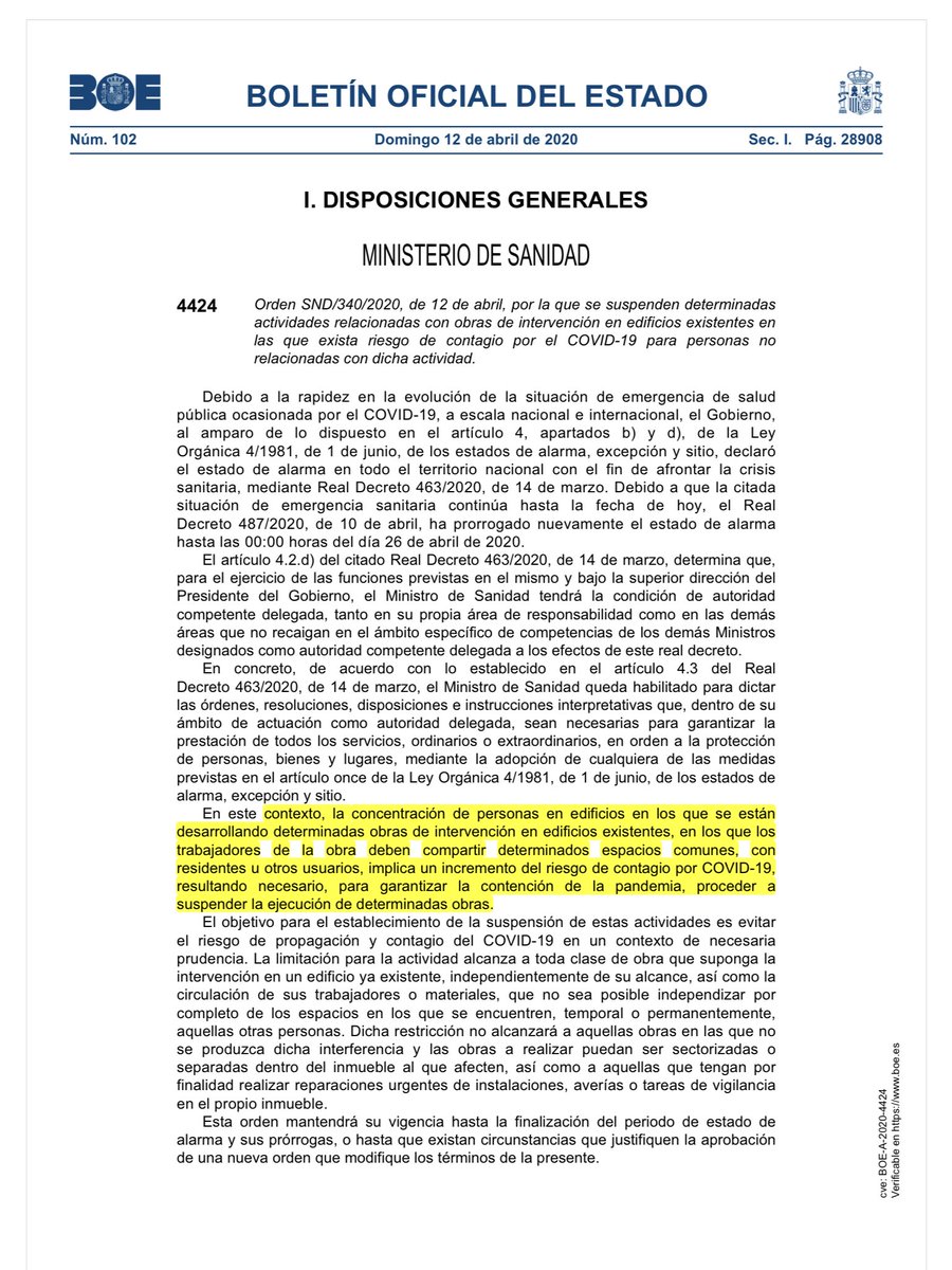 adorado_m's tweet photo. Lo han vuelto a hacer. Comienza a ser tradición, sacar el BOE EN DOMINGO Y CASI A LAS 23 HORAS. Y con disposiciones que afectan a trabajadores y su actividad a primera hora del lunes. Quedan suspendidas obras en edificios con residentes. https://t.co/LiqGeKfHbC