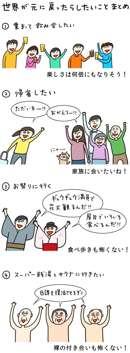 『世界が元に戻ったらしたいことまとめ』

コロナが終息したら、みんなは何したい? 