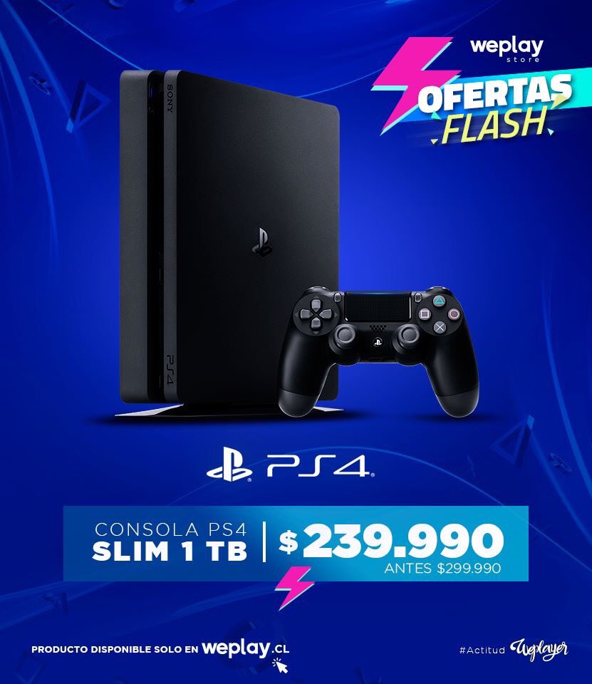 Weplay Store on X: 🚨 OFERTA FLASH 🚨 Juega todas las aventuras que  quieras en la consola #Ps4 #Slim 1TB 😎 Más estilizada y compacta hará  mejorar tu experiencia 💪 Disponible en