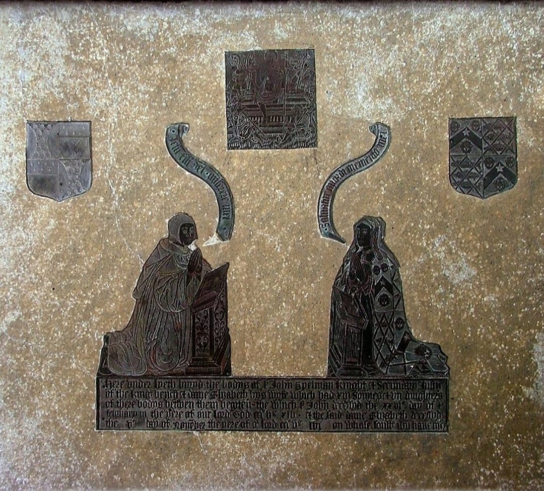 This detail of a memorial brass c.1545 depicts Christ stepping from his tomb in the square panel above the kneeling figures of Sir John Spelman and his wife (6/9).