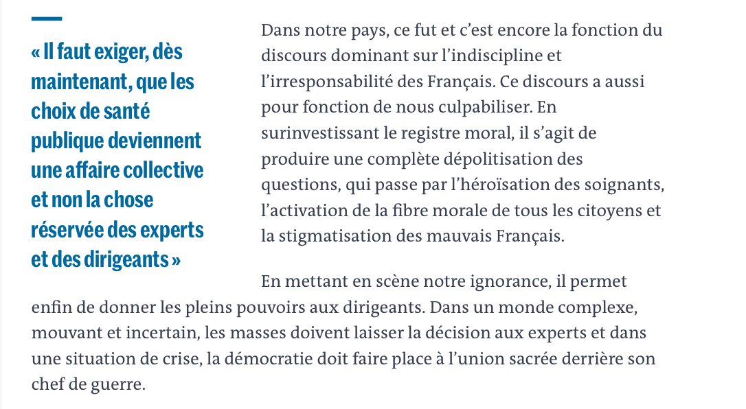 Sur la culpabilisation et "l'irresponsabilité" des gens qui sortent, discours qui abolit toute politique :