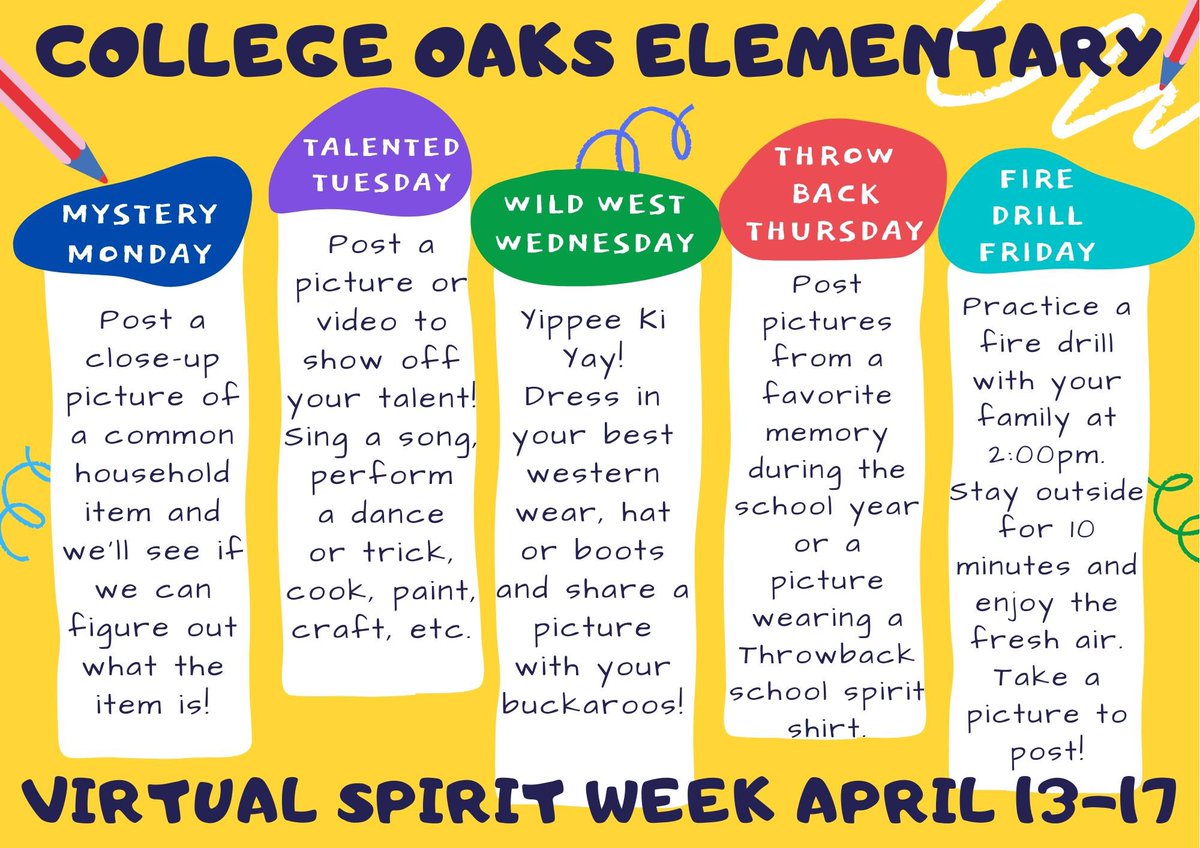 collegeoaksele1's tweet photo. Our campus may be closed but our school spirit is still strong as ever!  Please join us as we celebrate this virtual spirit week with fun theme days. https://t.co/G4vkj8xd6l