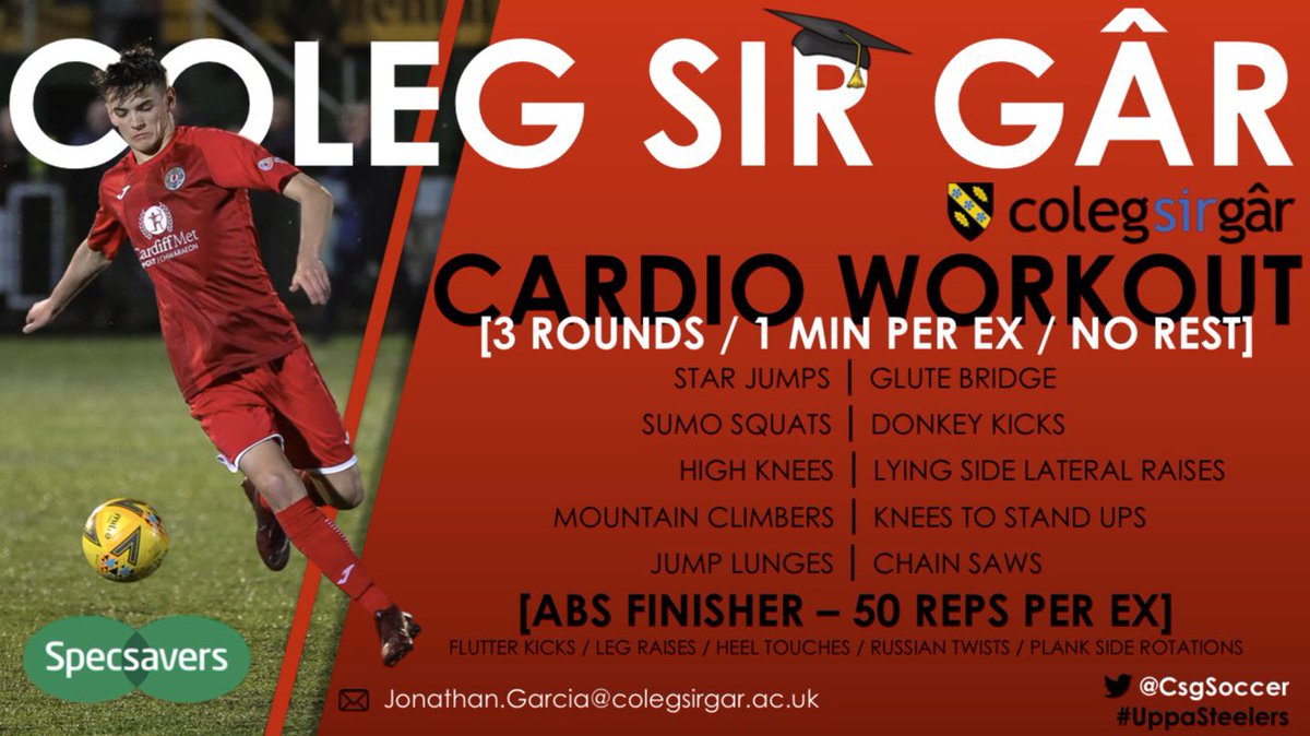 CsgSoccer's tweet photo. FOOTBALL ACADEMY | Easter Home Workout 🏠🏋️‍♂️

🏃🏼‍♂️2️⃣ KEEP FIT WITH @CsgSoccer

🏋️‍♂️ | #Cardio #Workout
⚽️ | #Aerobic #MuscleEndurance
🥊 | 3 #Rds
🤸‍♂️ | 10 #BW #Exercises
⌚️ | 30 min #TimeCap
📍 | At #Home #Garden #Lounge

SPONSOR
🤝 | @Specsavers #Llanelli

#UppaSteelers https://t.co/UMj0arVMg9