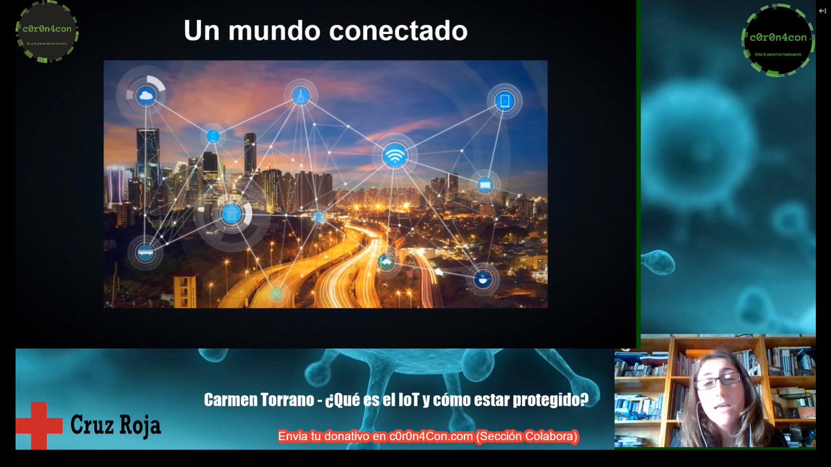 Escuchando a <a href="/ctorranog/">Carmen</a> en su charla sobre ¿Qué es el IoT y cómo estar protegidos? durante el <a href="/C0r0n4CON/">@C0r0n4CON</a> con el objetivo de recaudar fondos para <a href="/CruzRojaEsp/">Cruz Roja Española</a> magnífica charla de Carmen #c0r0n4con