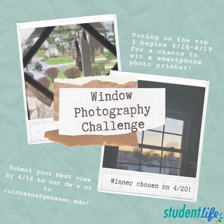 GeneseoLife's tweet photo. Bored at home? 
Find yourself staring out the window wondering when you'll be able to enjoy the outside world again? 
Well share your view and enter for a chance to win a Polaroid wireless mobile printer! 
Submit by Thursday, 4/16 via dm's or email at cuinterns@geneseo.edu https://t.co/FUVOUhK6hi
