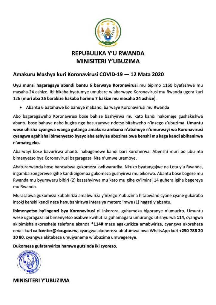 RwandaFatima's tweet photo. Uyu munsi umubare w'abayirwaye coronavirus mu Rwanda wiyongereyeho 6 bagera ku 126 barimo 25 bamaze kuyivurwa bagakira https://t.co/RR4TTPfL2T