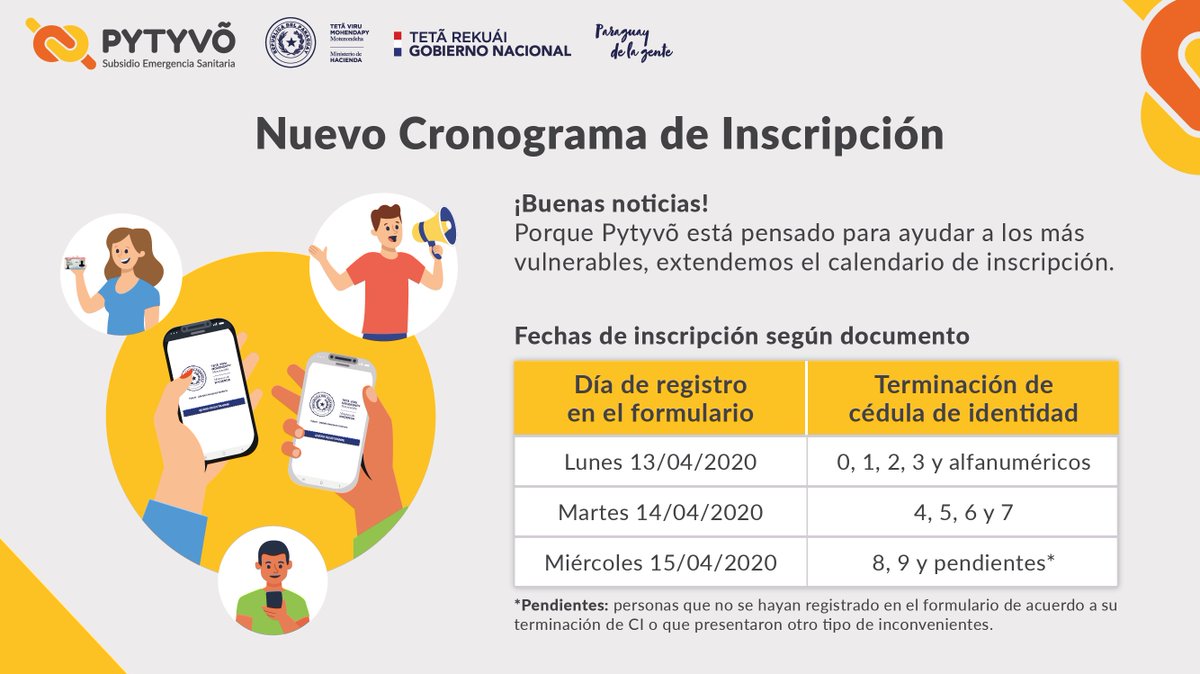 MEF_Paraguay's tweet photo. Se extiende el calendario de inscripción al programa #Pytyvõ. Las plataformas están activas y sin inconvenientes para la carga de datos. Hoy deben inscribirse las personas con número de cédula que termina en 8 y 9. https://t.co/gmpUmM6Zwk