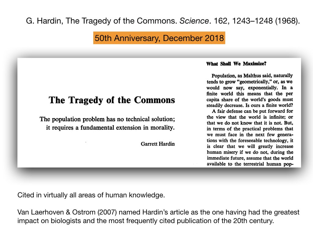 We start with Hardin (1968. Science 162:1243–1248.), who published one of the most cited and influential papers of all time: The Tragedy of the Commons. Hardin’s Tragedy is also known as an N-person Prisoner’s Dilemma, aka NPD.