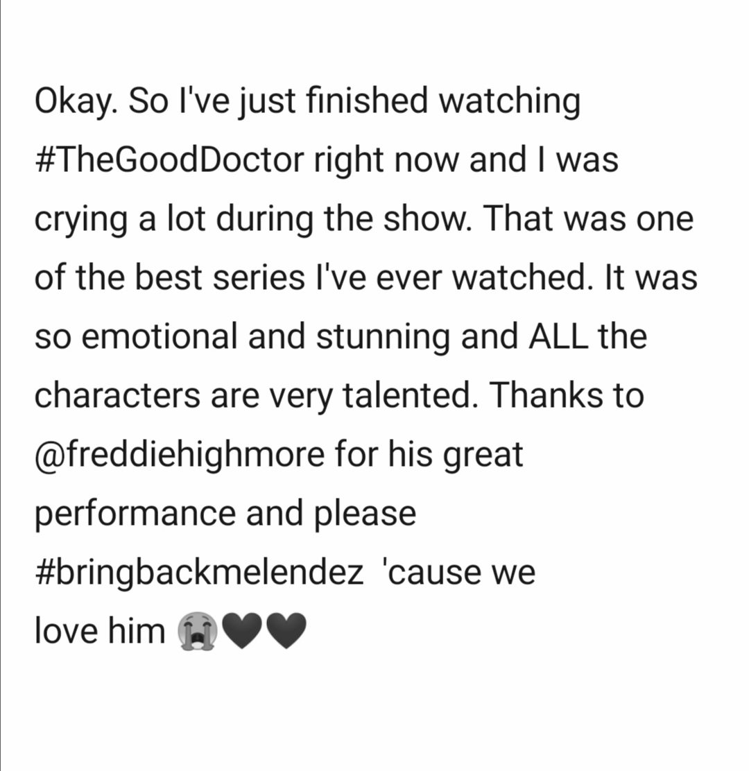 CharlieCandice7's tweet photo. One of my favorite show and shout out to those amazing actors. 
#TheGoodDoctor  ❤️#bringbackmelendez ❤️

@freddiehighmore
@IamNickGonzalez
@hillharper
@Richard_Schiff 
@thetamlyntomita 
@WillYunLee 
@FionaGubelmann 
@_ChristinaChang 
@paigespara https://t.co/FKHsJvHKrS