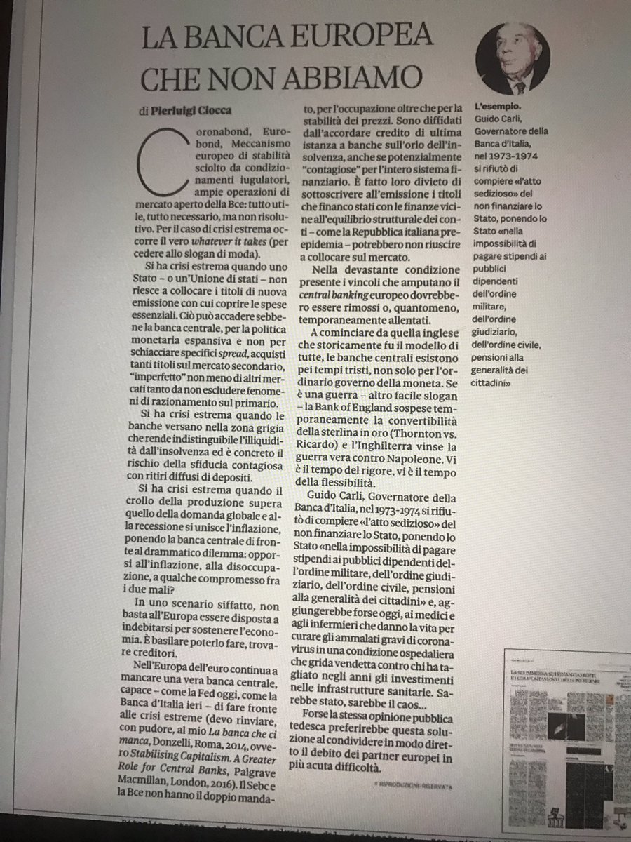 alfredodattorre's tweet photo. Anche Ciocca, ex Bankitalia, riconosce che il tema decisivo è uno solo: il ruolo della #BCE.
Ora #Conte va aiutato a sollevare questo tema.
Poi, a emergenza finita, elezioni.
Quale vantaggio, anche per l'opposizione, da un governo tecnico che ci porterebbe al 2023 con il #MES? https://t.co/D5iD8Nc0Yx