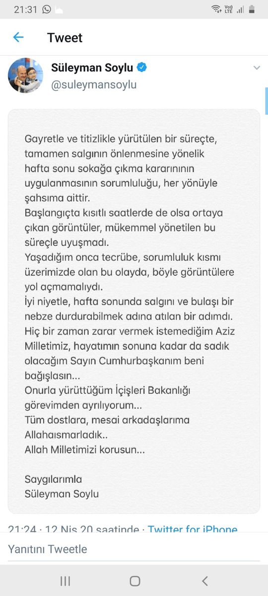 İçişleri Bakanı Sayın Süleyman Soylu’nun istifası kabul edilmemelidir. <a href="/RTErdogan/">Recep Tayyip Erdoğan</a>