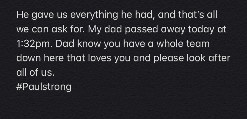 Mloggan11's tweet photo. Dad just know you have a whole team down here, and please look after us! We love you! #Paulstrong https://t.co/JmA8c057iM