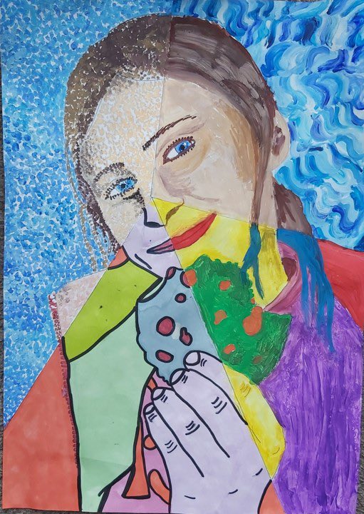 Art_Edu_Online's tweet photo. Student work: Art movement portraits complete! This student was happy to share this amazing final piece. Beautiful work - well done! #interhigh #interhighart #mrsmiddleburgh #studentwork #portrait #pointillism #postimpressionism #fauvism #finalartwork #ks3art #popart @InterHighED https://t.co/lR631Jnvwi