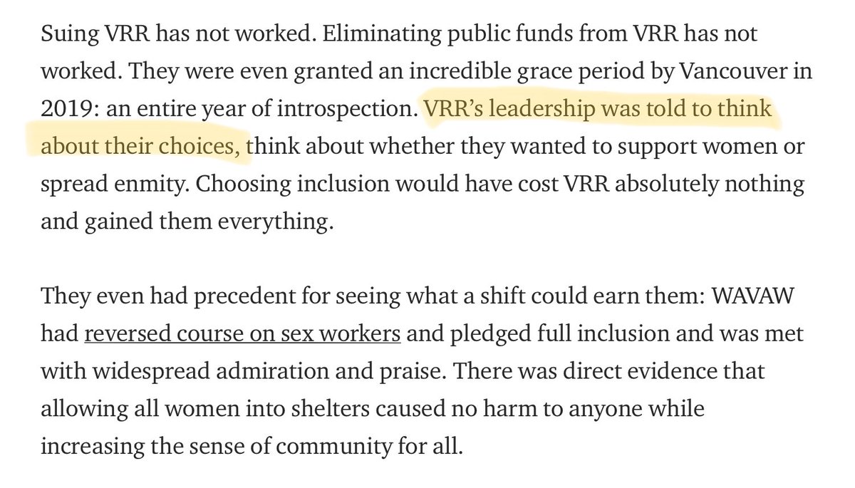 ”Suing VRR has not worked. Eliminating public funds from VRR has not worked. …. VRR’s leadership was told to think about their choices, think about whether they wanted to support women or spread enmity. Choosing inclusion would have cost VRR absolutely nothing….” 