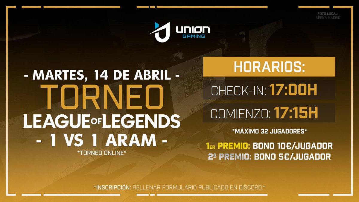 📣 Desde la agrupación de locales gaming 🇪🇸 <a href="/UnionGamingEs/">Unión Gaming</a> se están organizando torneos online estos días.

🏆 Torneo #LoL
🧙‍♂️ ARAM 1vs1

🗓️ Este Martes, 14 abril

⚠ Plazas limitadas
👥 32 jugadores

🆓 Inscripción GRATIS
📲 Info. discord.gg/c8R59Pd