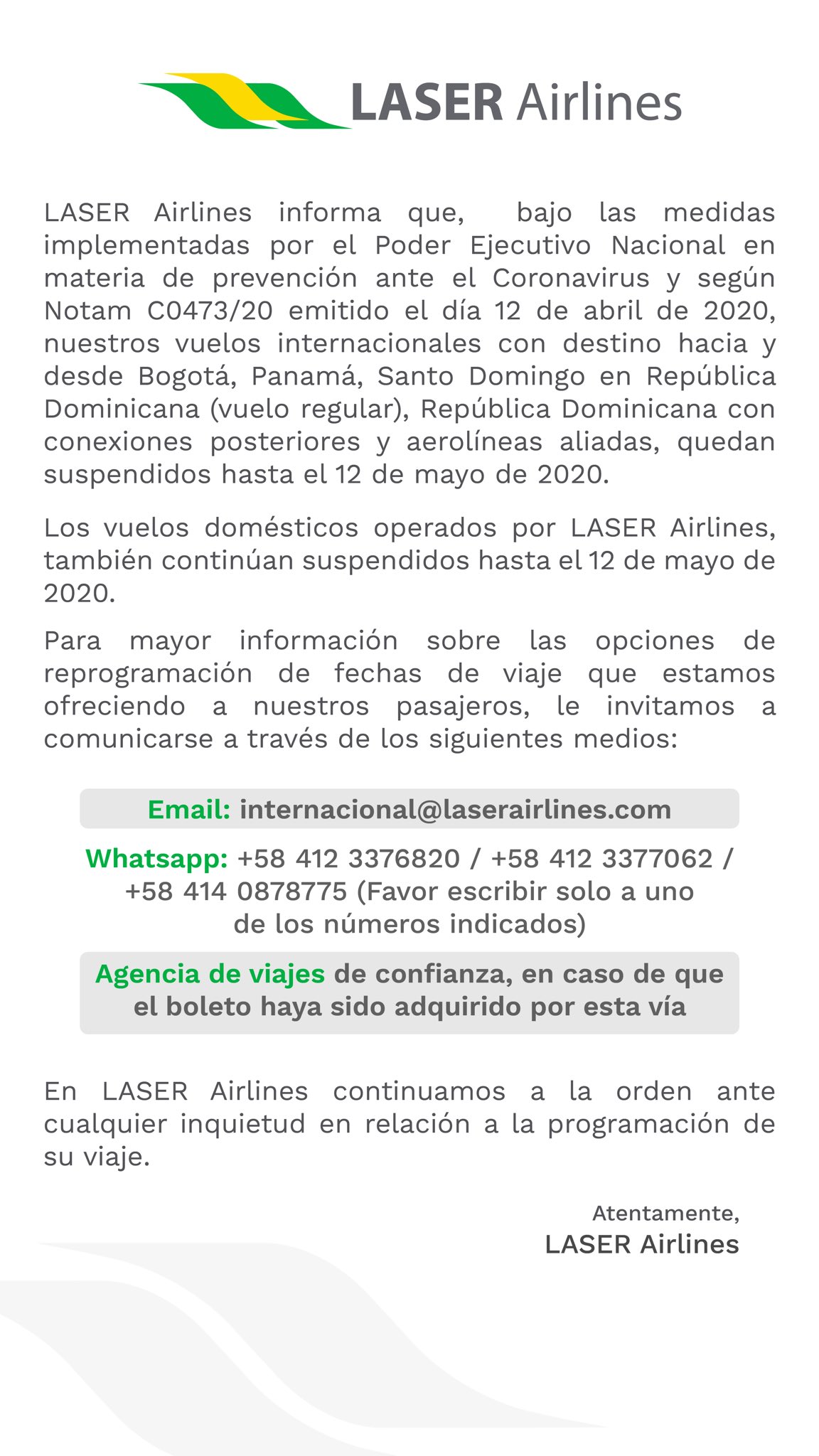Laser Airlines on Twitter: "Estimados pasajeros, compartimos información de interés relación a nuestros vuelos nacionales e internacionales. Para mayor información sobre reprogramación su fecha de viaje, le invitamos a