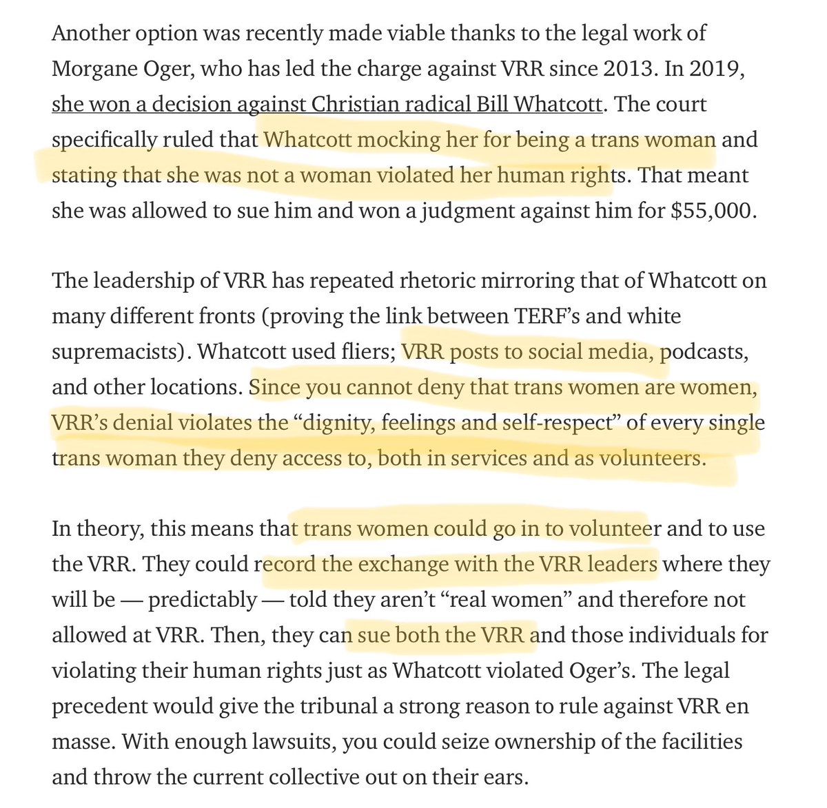 “VRR[] violates the ‘dignity, feelings and self-respect’ of every single trans woman they deny access to….”“[T]rans women could… record… exchange[s] with the VRR [telling them] they aren’t ‘real women’…. Then, they can sue… the VRR… for violating their human rights.”