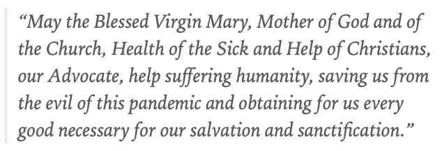 “May the Blessed Virgin Mary, Mother of God and of the Church, Health of the Sick and Help of Christians, our Advocate, help suffering humanity, saving us from the evil of this pandemic and obtaining for us every good necessary for our salvation and sanctification.”