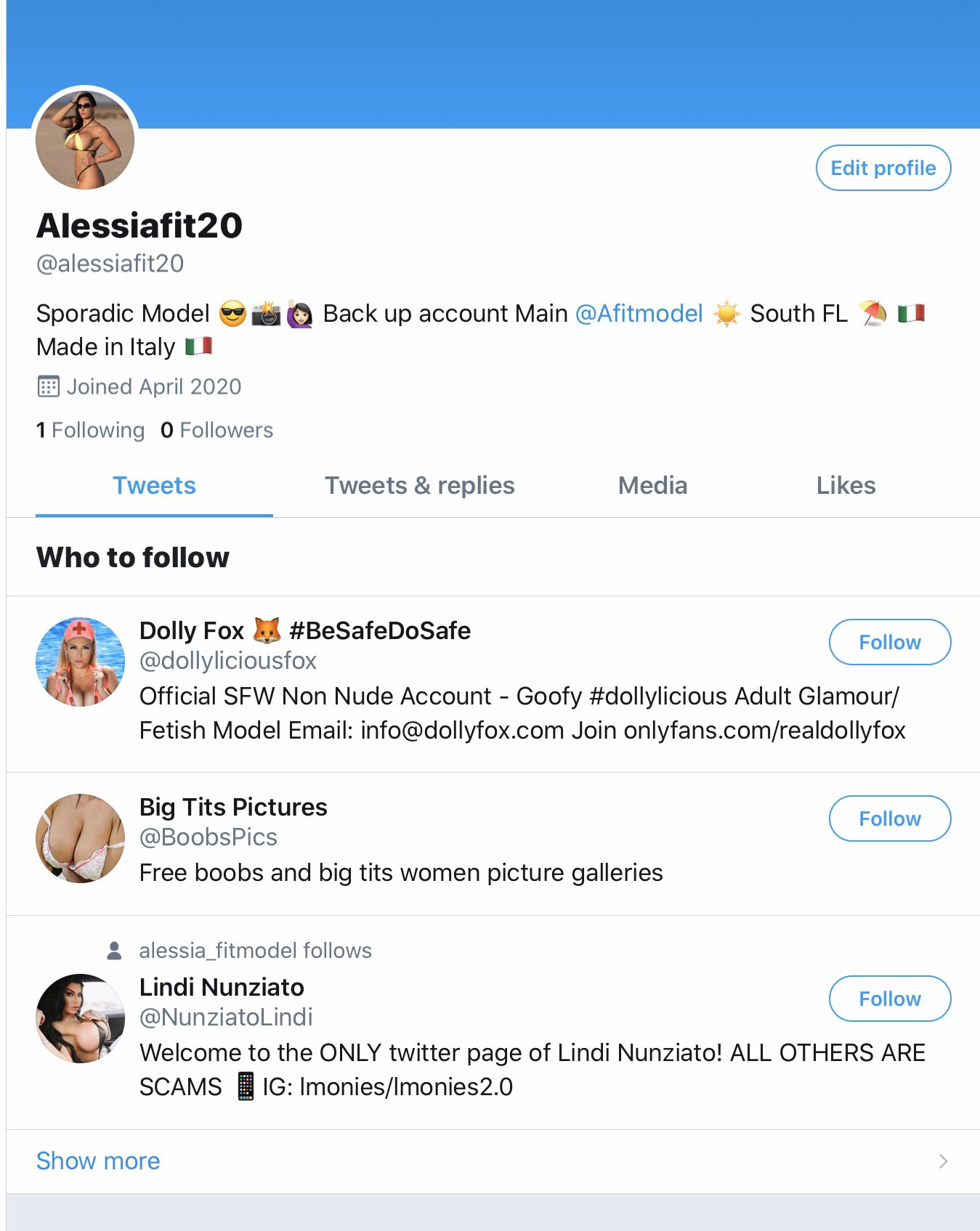 TW Pornstars Alessia_fitmodel. Twitter. Go follow my only back up