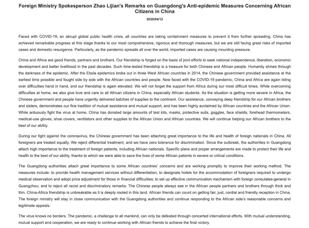 The Chinese government’s statement on racist treatment of Africans in the country because of coronavirus is objectively terrible. It’s a word salad that says nothing, offers no apologies and provides air cover for racist officials