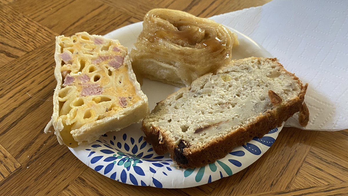 BrentReser's tweet photo. A look at #Easter brunch. My mom made #Pizzagaina (left side of plate), an Easter pie Italian dish that is basically macaroni and cheese and ham inside a savory crust. https://t.co/4b5ZrrGQm3