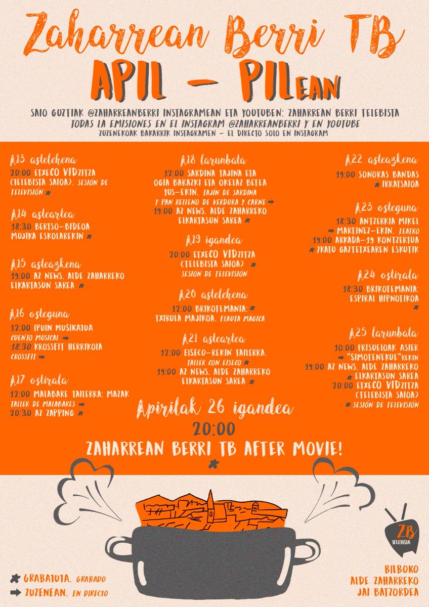 ADI APIL-PIL ZALEOK!

ZAHARREAN BERRI TB EGITARAUA LUZATU DUGU!

Bihar hasi eta 26ra arte ekintza fresko eta berriak dakartzagu: bertsoak, telebista-saioak, showak... eta tailer eta ikuskizun gehiago!

Zaindu zaitezte eta Instagramen elkartuko gara!

Gora gure auzoko bizilagunak!