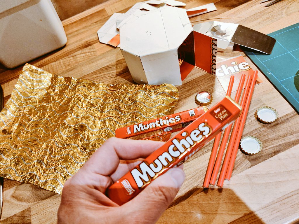 Doubting I'd have enough gold foil for the legs, I remembered the packets of Munchies that came with the  #EasterEgg have foil too! 