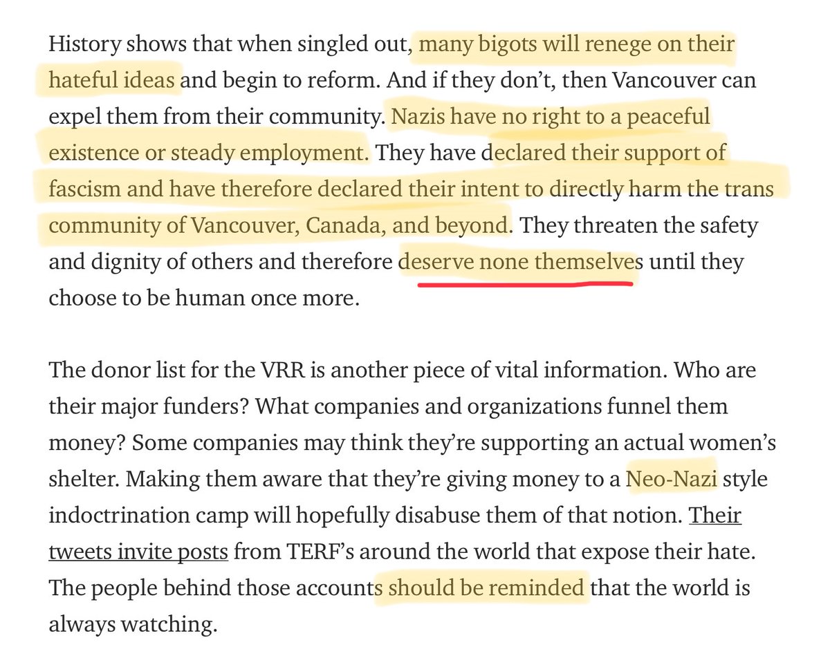  “Nazis have no right to a peaceful existence or steady employment. [VRR] have declared their support of fascism and… their intent to directly harm the trans community…. They threaten the safety and dignity of others and therefore deserve none themselves….” 