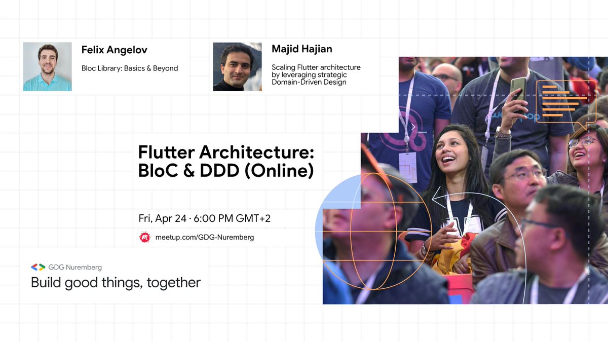 GDGNuernberg's tweet photo. This will be a debut in two ways: First time as GDG Nuremberg, first time 100% remote 😊

📣Flutter Architecture: Bloc and DDD
✳️@felangelov, creator of the Flutter Bloc libraries
✳️@mhadaily, Co-Organizer of GDG Oslo
⏰Friday, April 24, 2020
6:00 PM GMT+2
https://t.co/b0AlOjEntu https://t.co/OrfiBKRyei