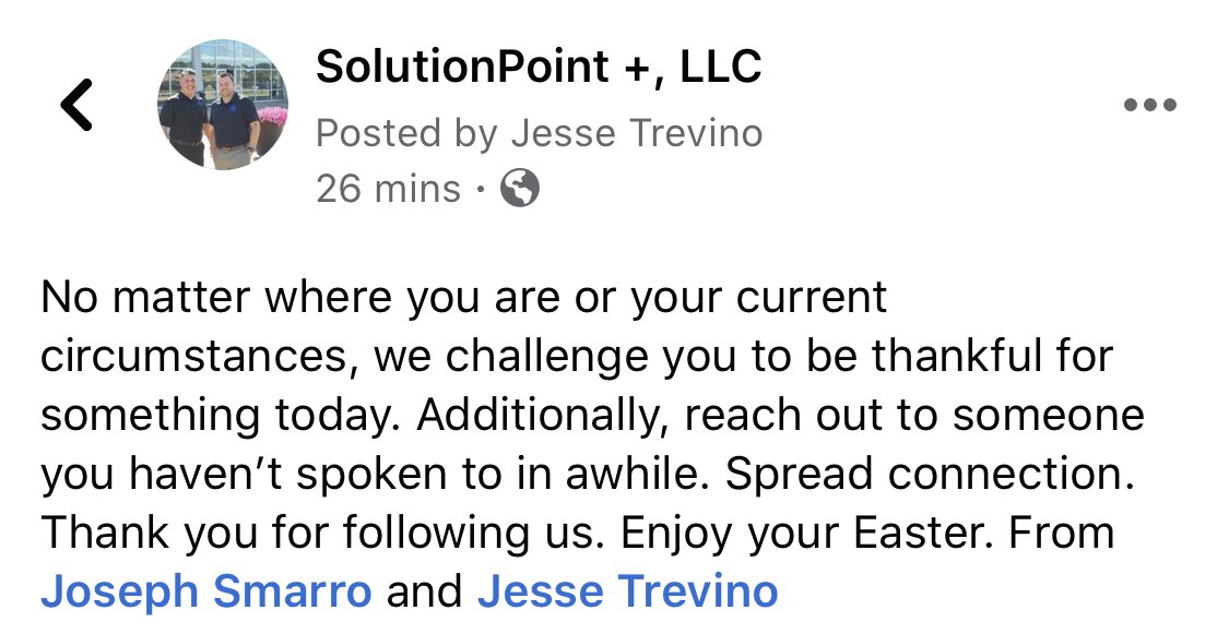 SolutionPPlus1's tweet photo. @JoeSmarro and @JesseATrevino1 wish you a Happy Easter https://t.co/vIoNrCjLmq