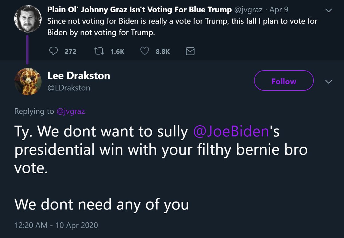 "Sully" Joe's win with out "filthy Bernie Bro vote". Well, if that doesn't make you believe that we should support Biden, I don't know what will.h/t:  @MrMacliam